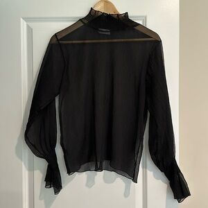 Sheer black turtleneck blouse with pleats